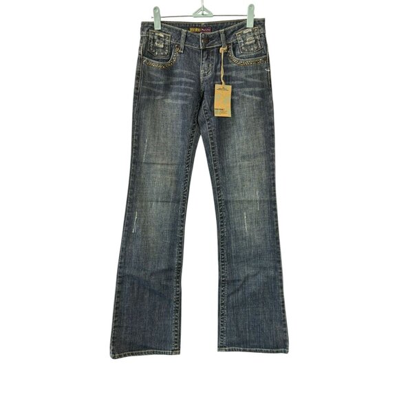Machine Blue Jeans Bootcut Mid Rise Juniors Size 1 Embellished Pockets New - Picture 1 of 7